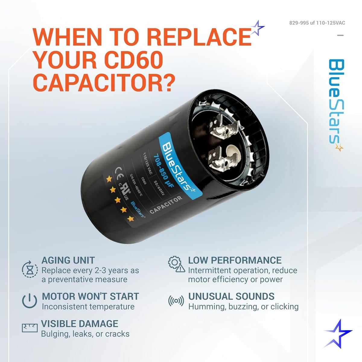 UL Certified 829-995 uF 110-125VAC ±20% Round Start Capacitor - Replaces 6FLL8 PMJ829