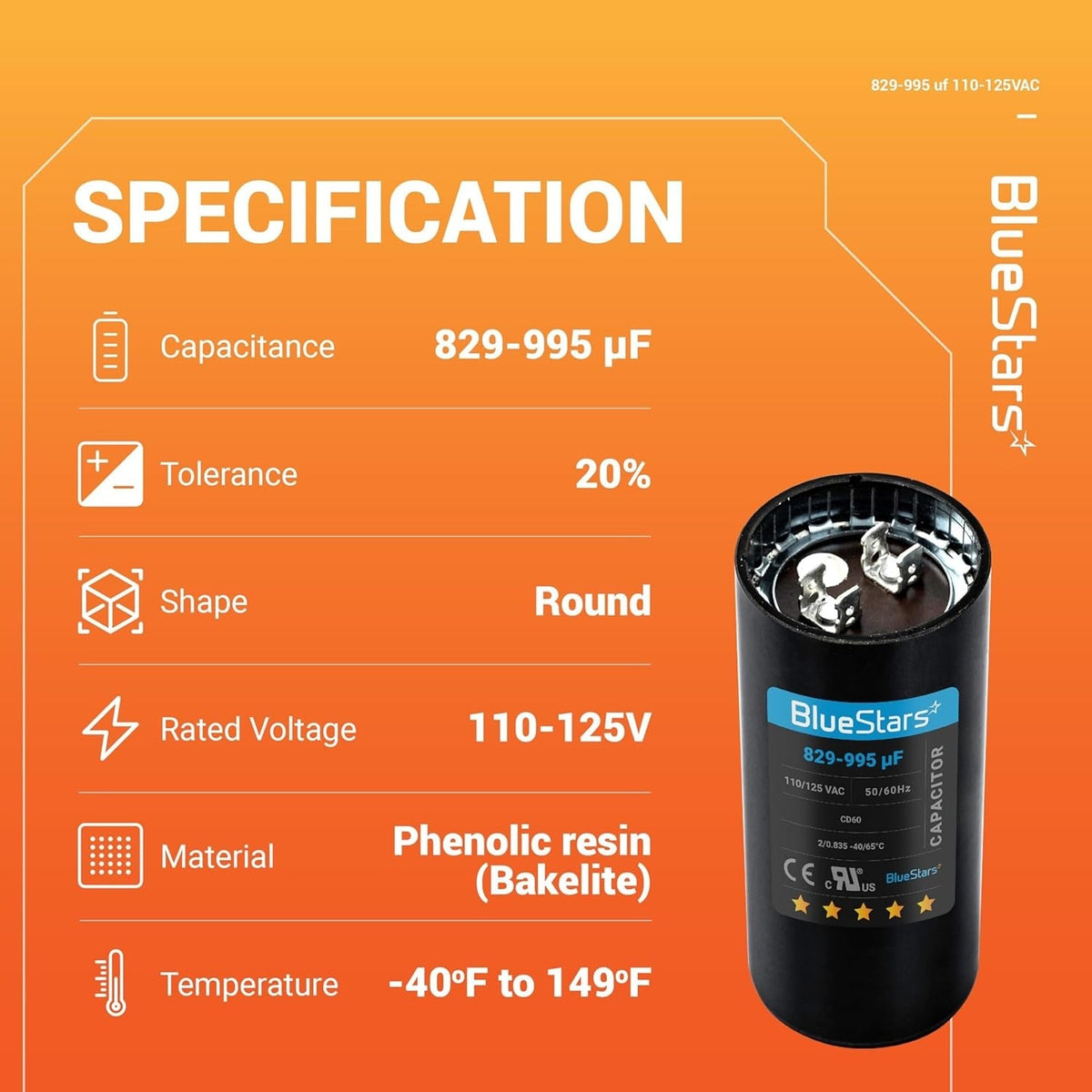 UL Certified 829-995 uF 110-125VAC ±20% Round Start Capacitor - Replaces 6FLL8 PMJ829