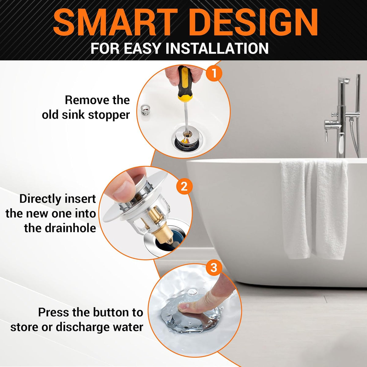 Universal 3-in-1 Pop-Up Sink Stopper & Strainer for 1.1"-1.5" Vessel Sinks