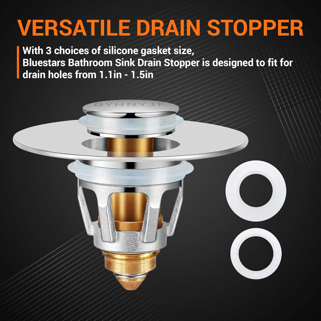 Universal 3-in-1 Pop-Up Sink Stopper & Strainer for 1.1"-1.5" Vessel Sinks
