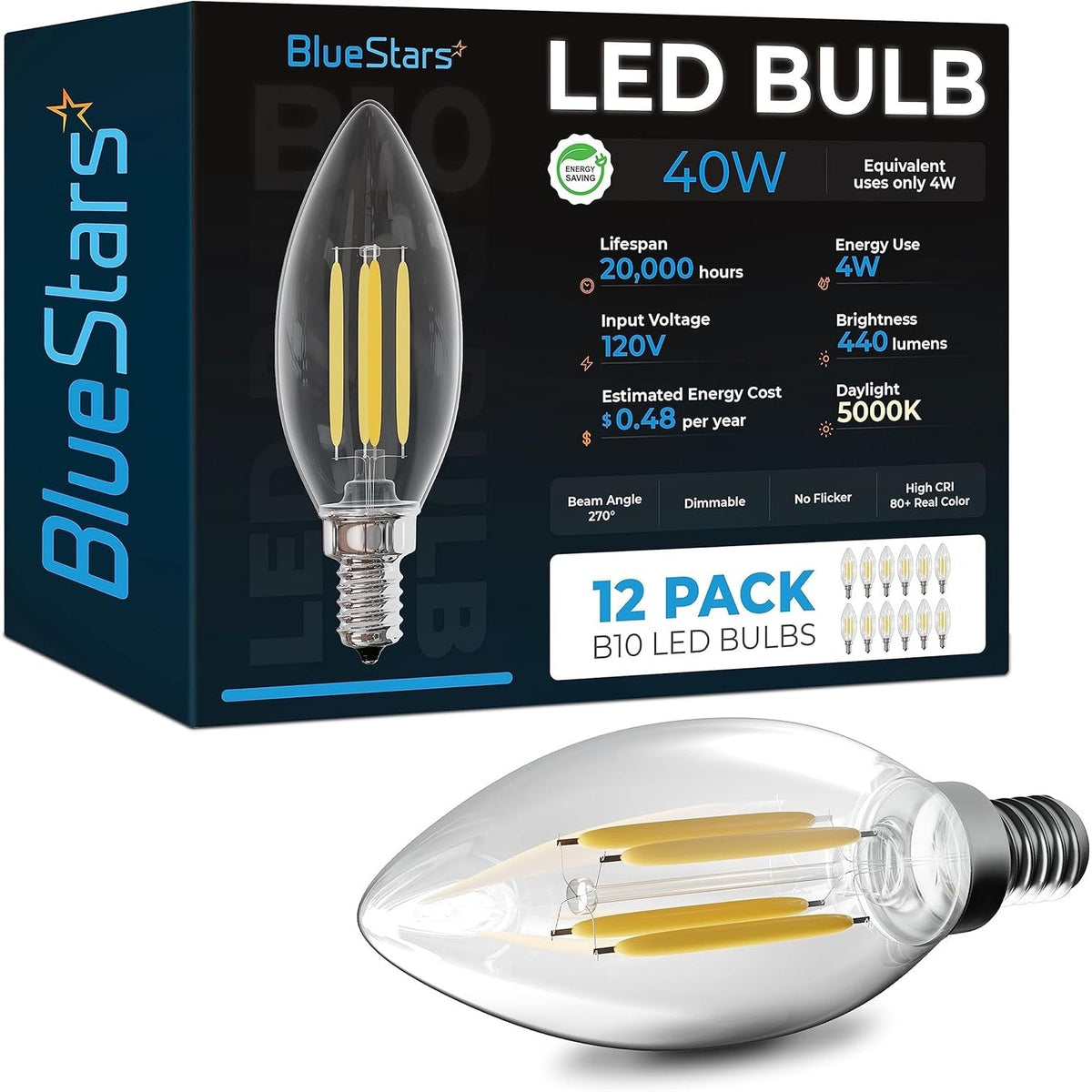 Dimable 4W B10 E12 LED Bulbs - 12 Pack