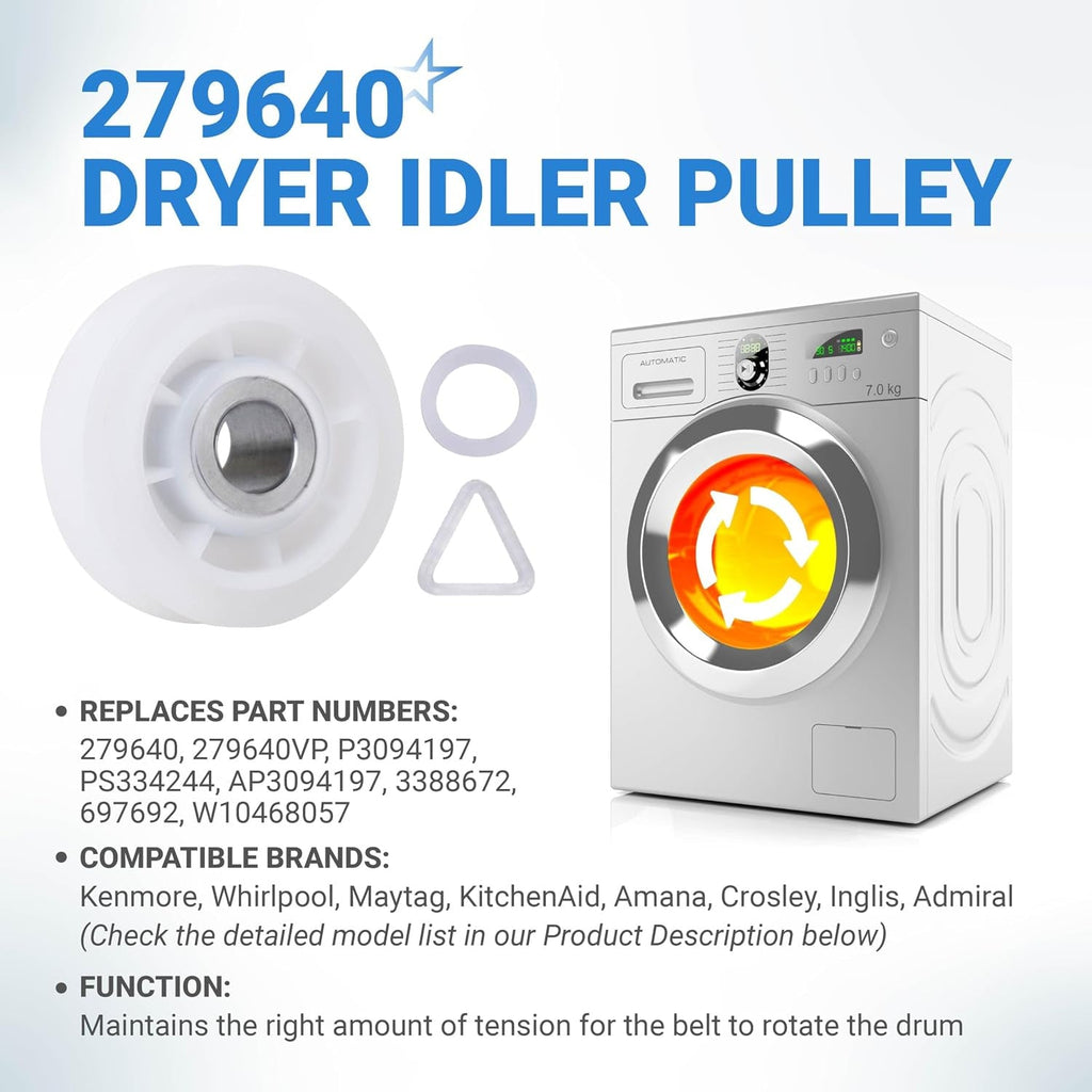 279640 Dryer Idler Pulley Replacement - For Whirlpool Kenmore Maytag Dryers - 4 Pack
