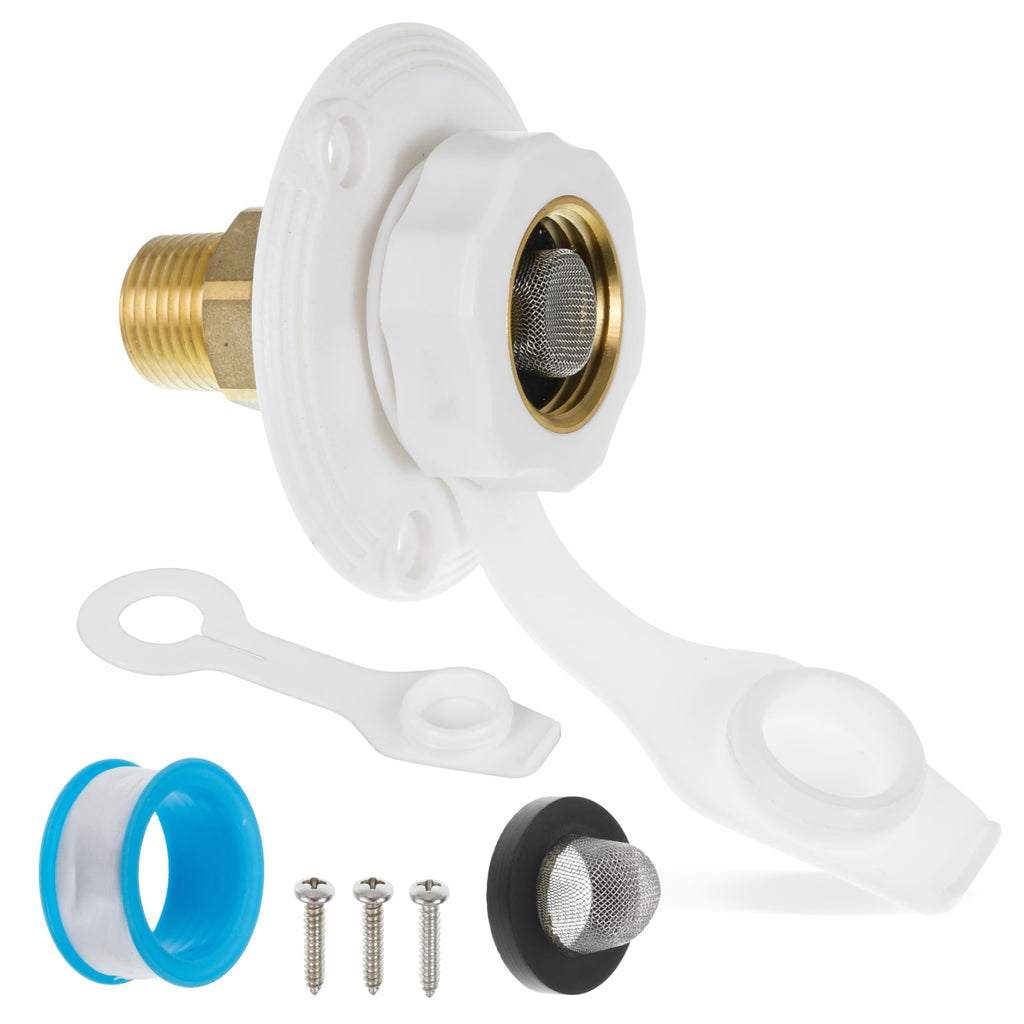 RV City Water Inlet Brass with Check Valve, 3/4" NH to 1/2" NPT, Dust Plug