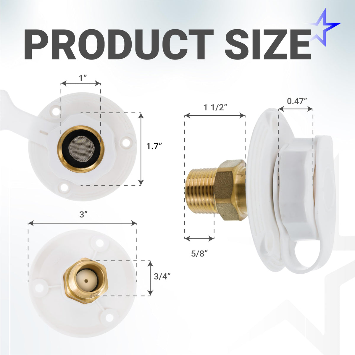 RV City Water Inlet Brass with Check Valve, 3/4" NH to 1/2" NPT, Dust Plug