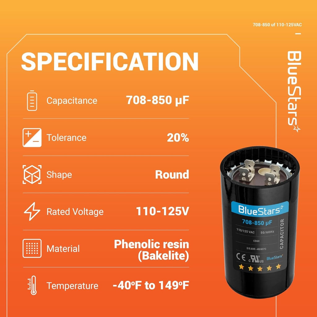 708-850 uF 110-125VAC Round Start Capacitor for AC Motors