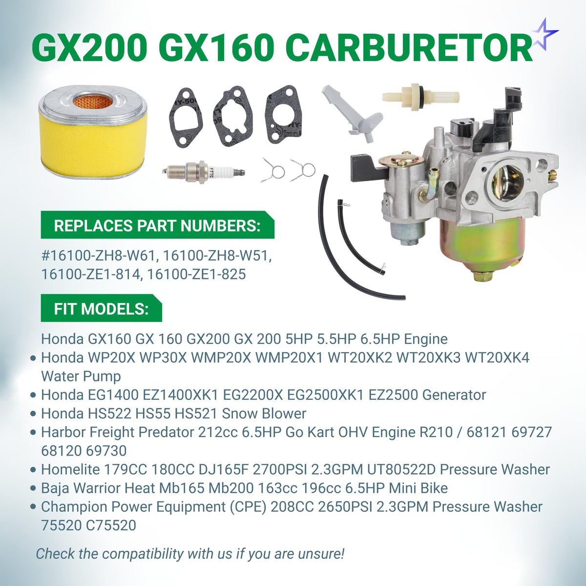 GX200 GX160 Carburetor - Fits Honda GX 160 GX 200 5.5HP 6.5HP OHV Engine Predator