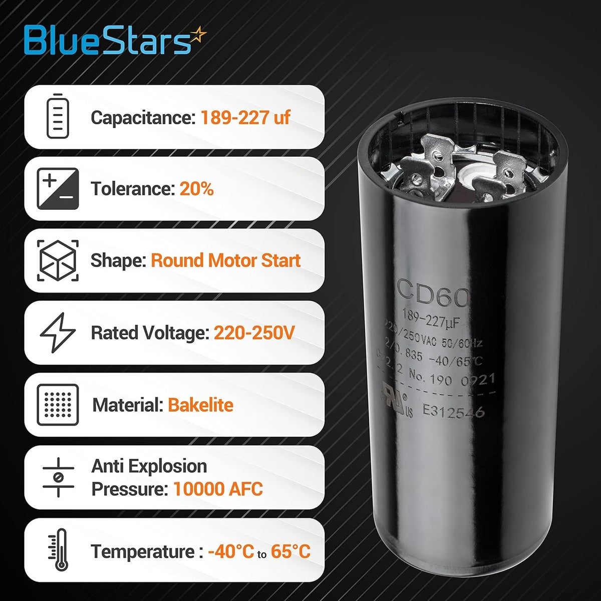 189-227 uF 220-250V Round Start Capacitor for Electric Motor, Single Phase
