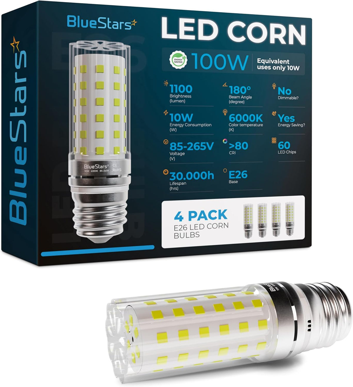 10W E26/E27 Tubular LED Corn Bulbs 1100LM 6000K Cool White Non-Dimmable - 4 Pack