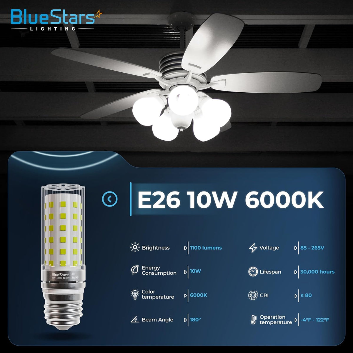 10W E26/E27 Tubular LED Corn Bulbs 1100LM 6000K Cool White Non-Dimmable - 4 Pack