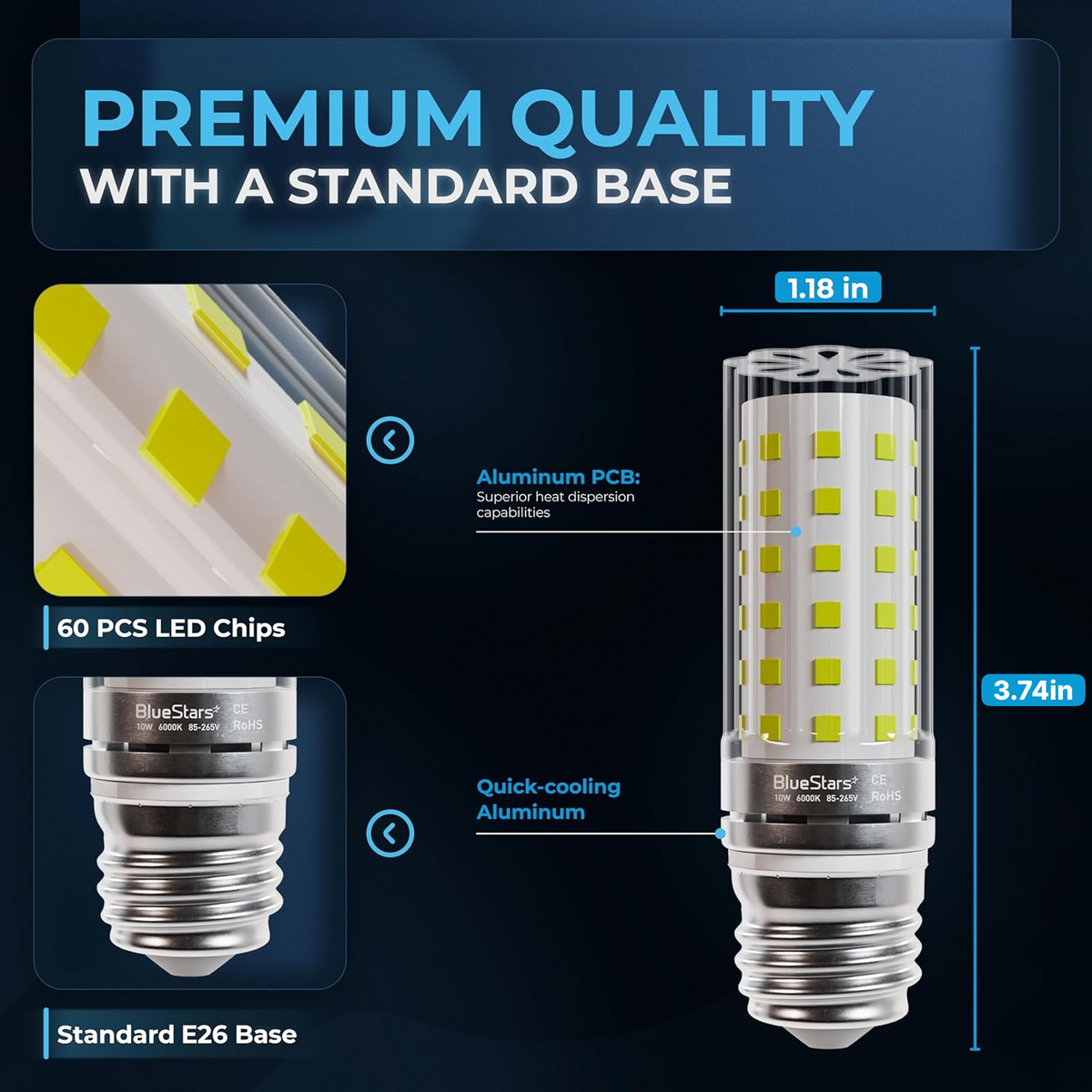 10W E26/E27 Tubular LED Corn Bulbs 1100LM 6000K Cool White Non-Dimmable - 4 Pack