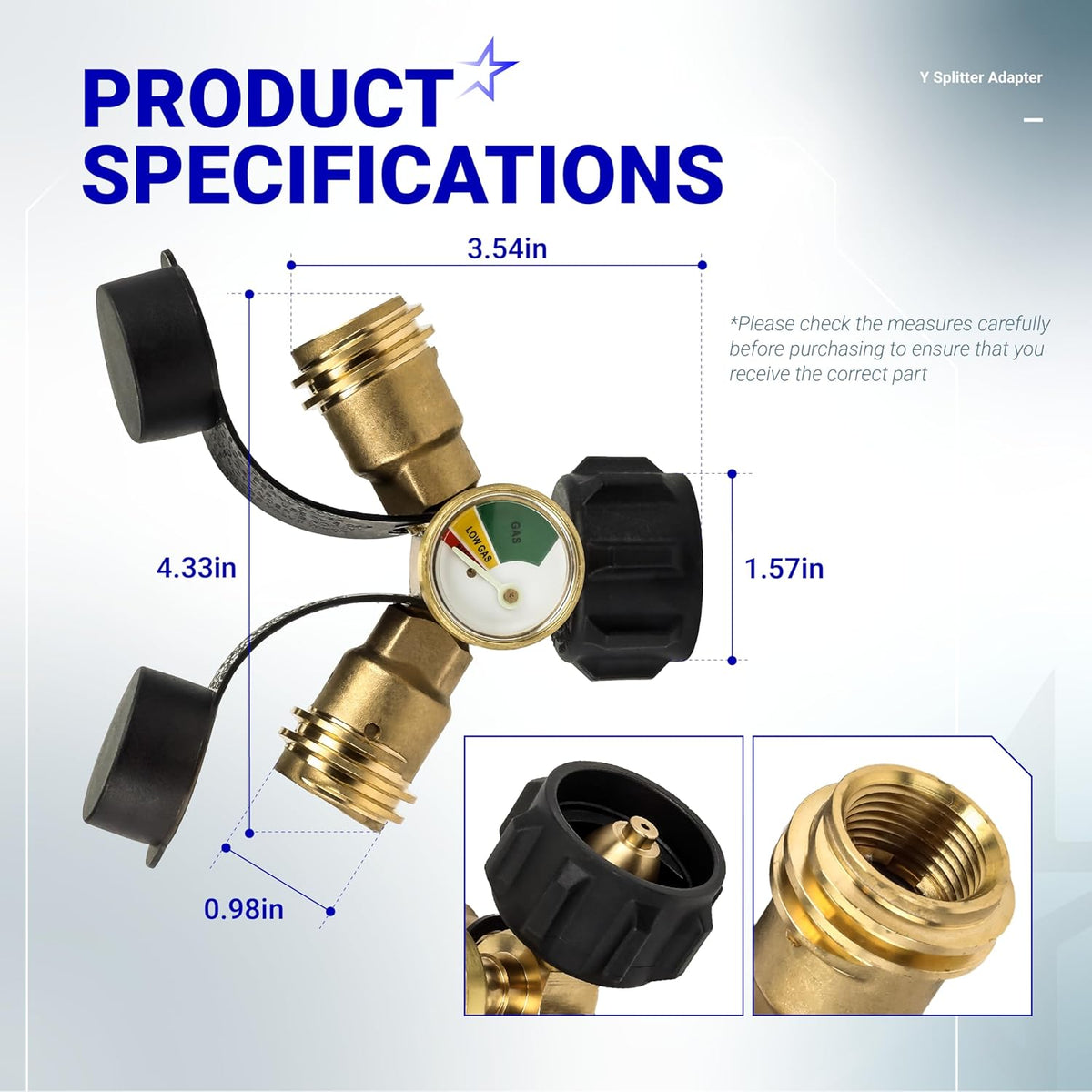 Propane Tank Y Splitter QCC/POL with Gauge and Shut-Off Valve