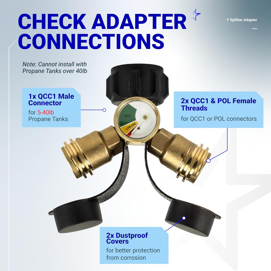 Propane Tank Y Splitter QCC/POL with Gauge and Shut-Off Valve