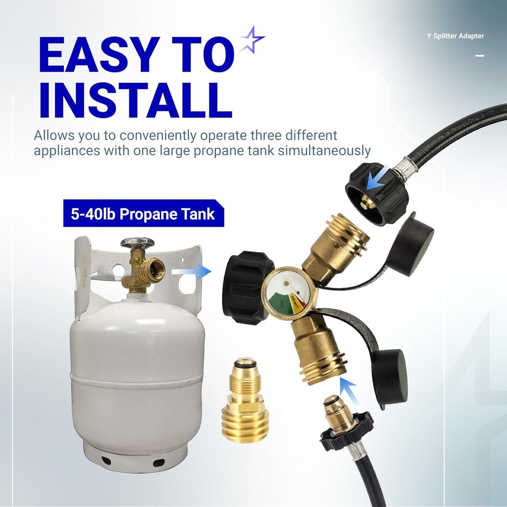 Propane Tank Y Splitter QCC/POL with Gauge and Shut-Off Valve