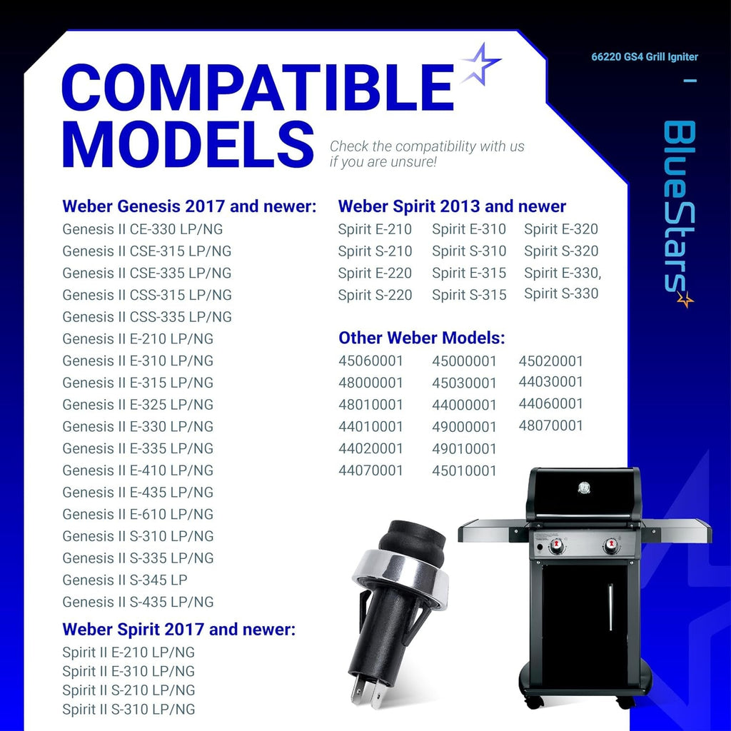 66220 Grill Igniter Switch - Fits Weber Genesis II & Spirit II E/S-210, 310, 410, 315, 335, 330, 435