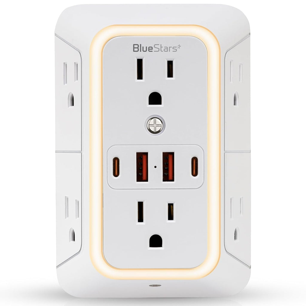 6-Outlet 3-Sided Wall Power Strip with 4 USB Ports and Night Light