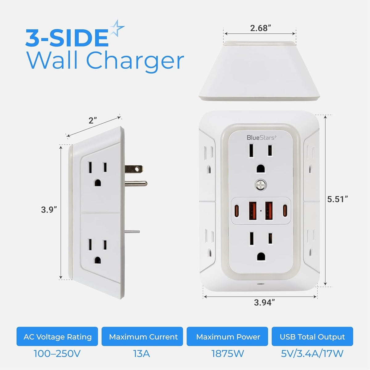 6-Outlet 3-Sided Wall Power Strip with 4 USB Ports and Night Light