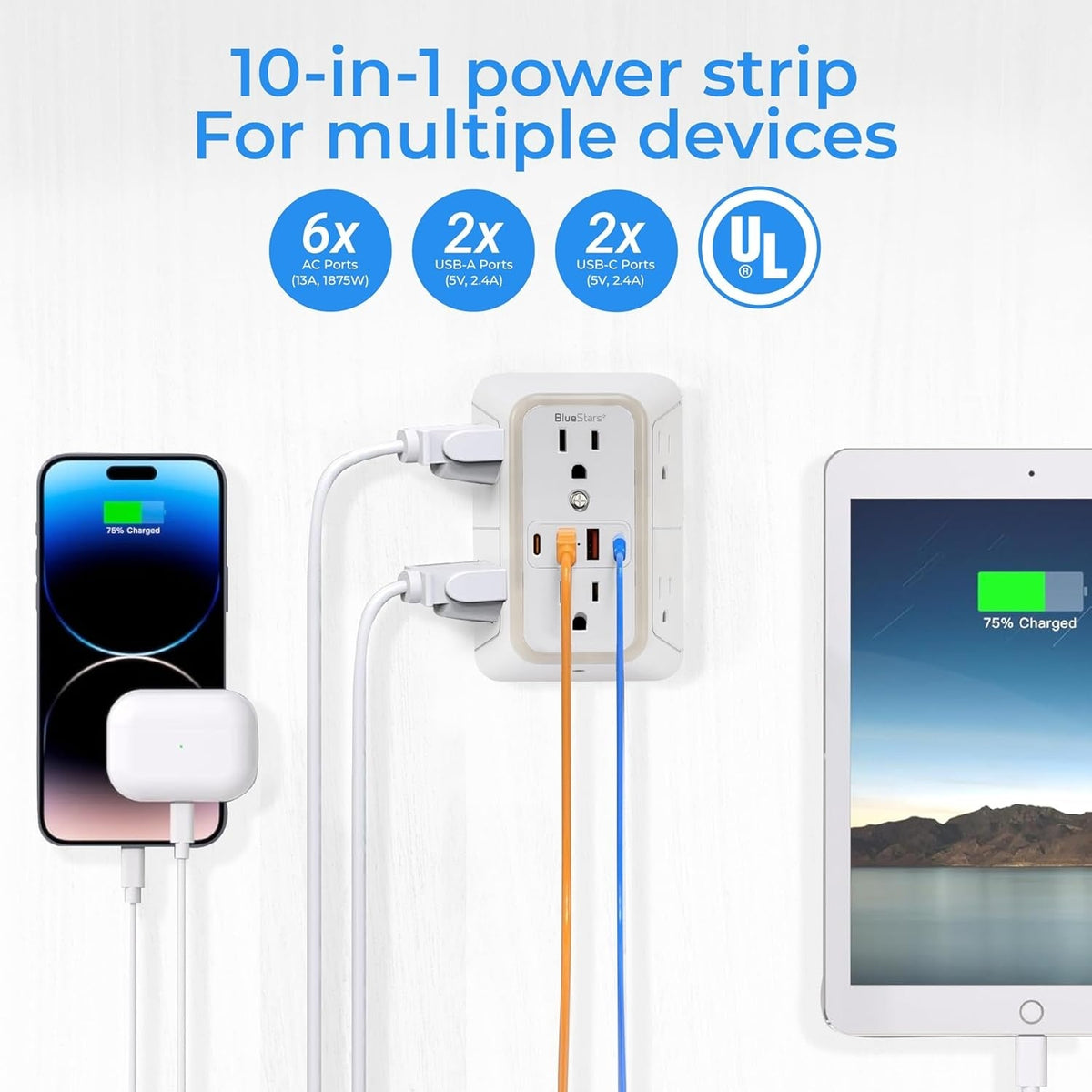 6-Outlet 3-Sided Wall Power Strip with 4 USB Ports and Night Light