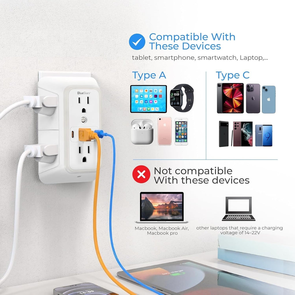 6-Outlet 3-Sided Wall Power Strip with 4 USB Ports and Night Light