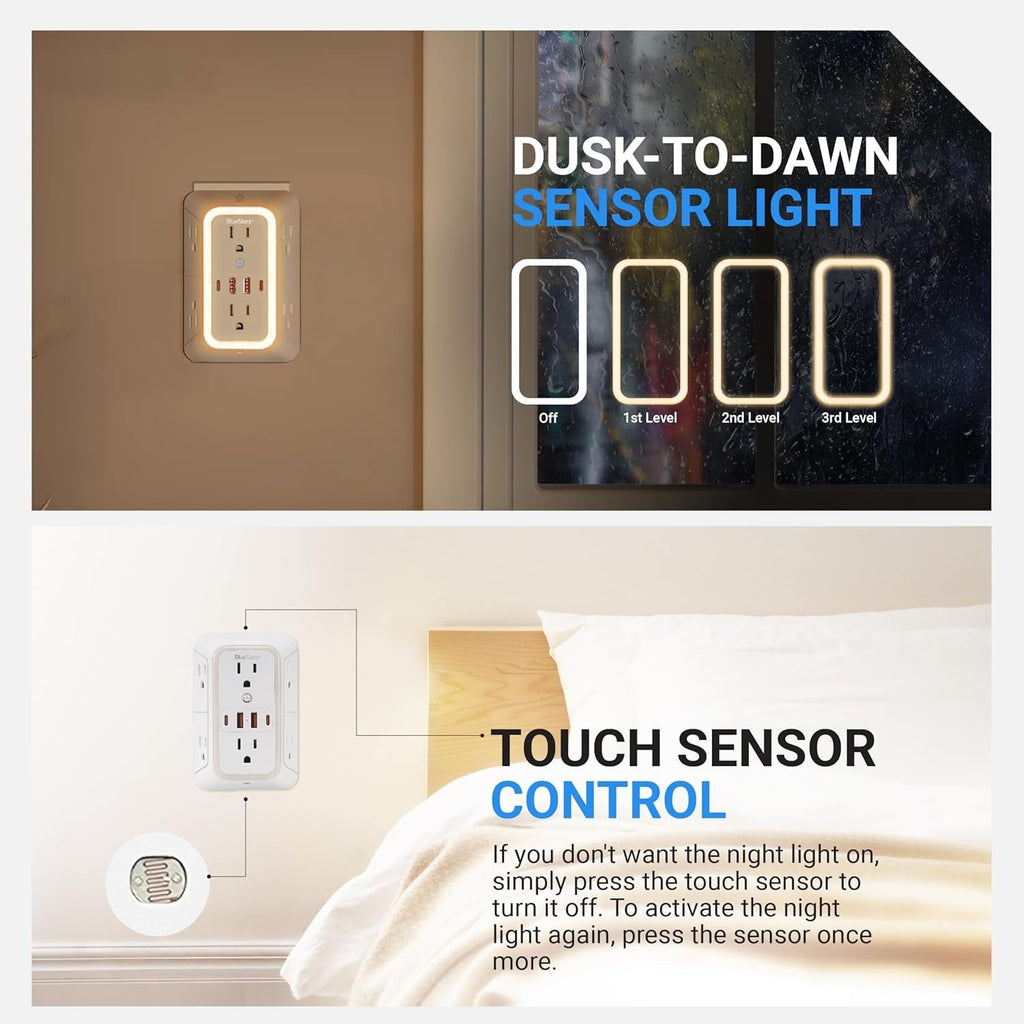 6-Outlet 3-Sided Wall Power Strip with 4 USB Ports and Night Light