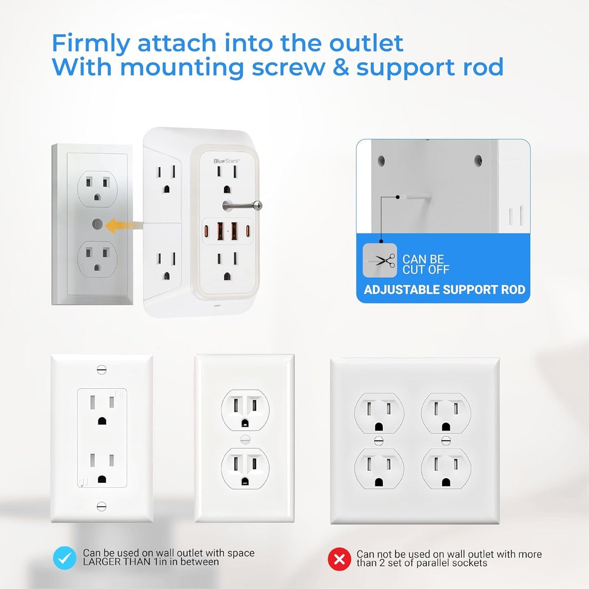 6-Outlet 3-Sided Wall Power Strip with 4 USB Ports and Night Light