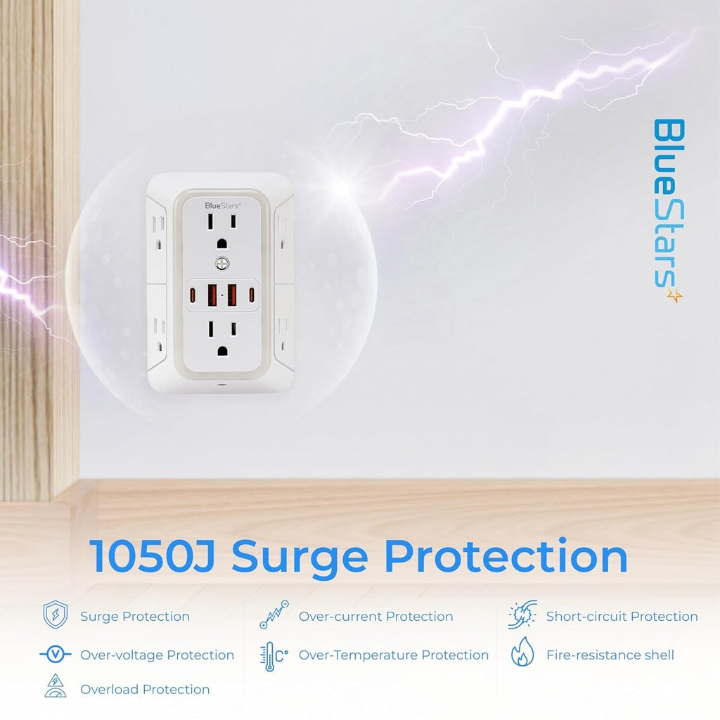 6-Outlet 3-Sided Wall Power Strip with 4 USB Ports and Night Light