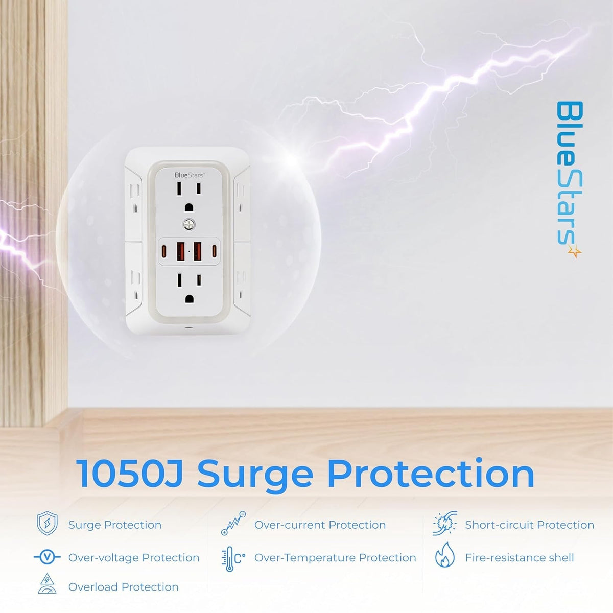 6-Outlet 3-Sided Wall Power Strip with 4 USB Ports and Night Light