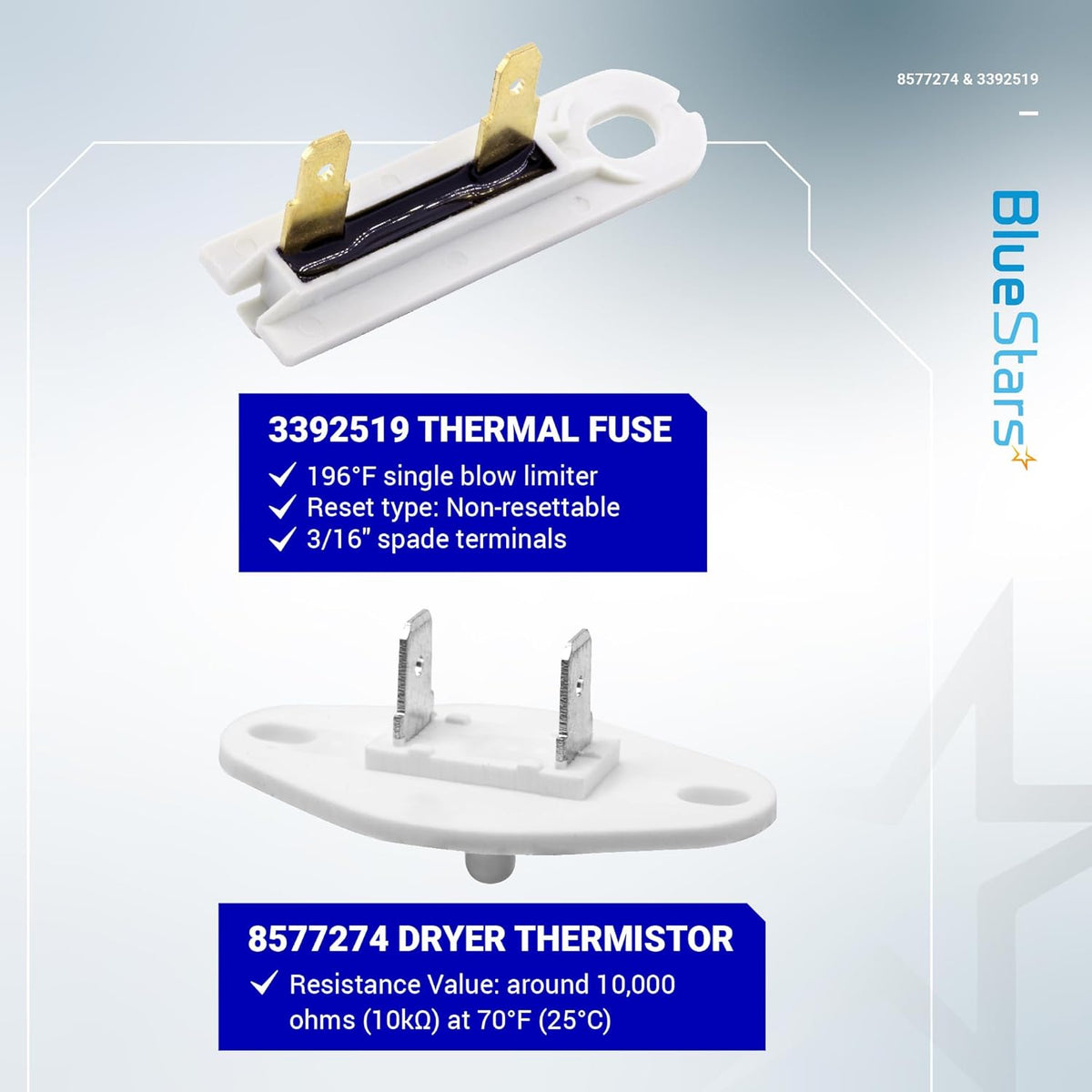 8577274 Dryer Thermistor & 3392519 Dryer Thermal Fuse Kit for Whirlpool Kenmore Dryers