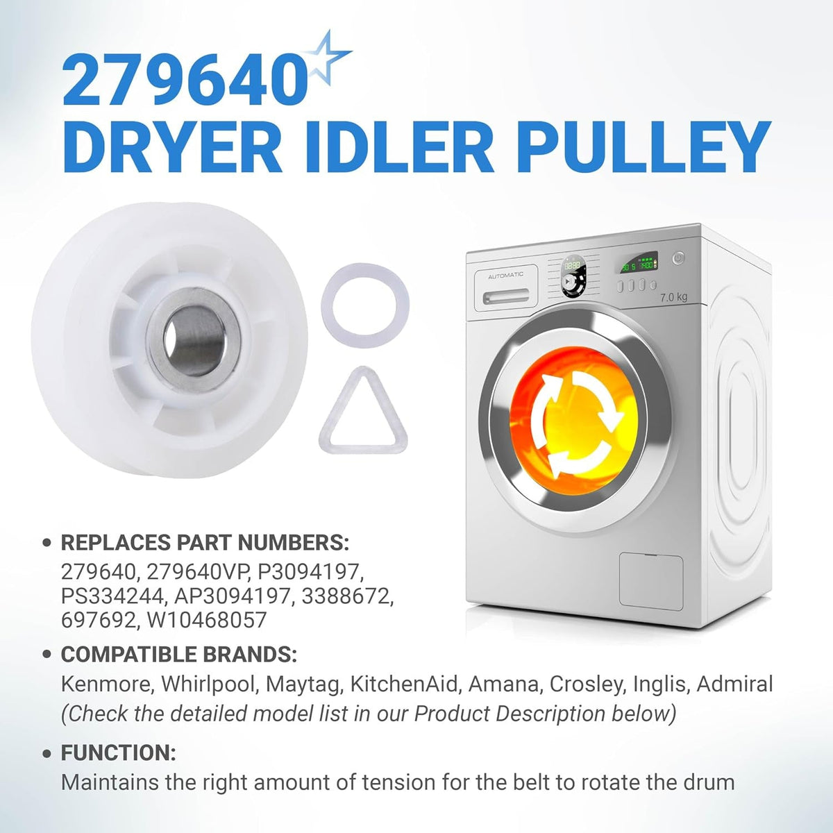279640 Dryer Idler Pulley Replacement - For Whirlpool & Kenmore Dryers - Replaces 3388672
