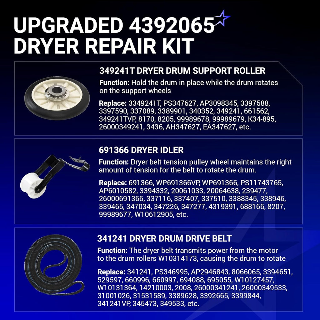 4392065 Dryer Repair Kit with Belt, Idler & Rollers for Whirlpool Kenmore