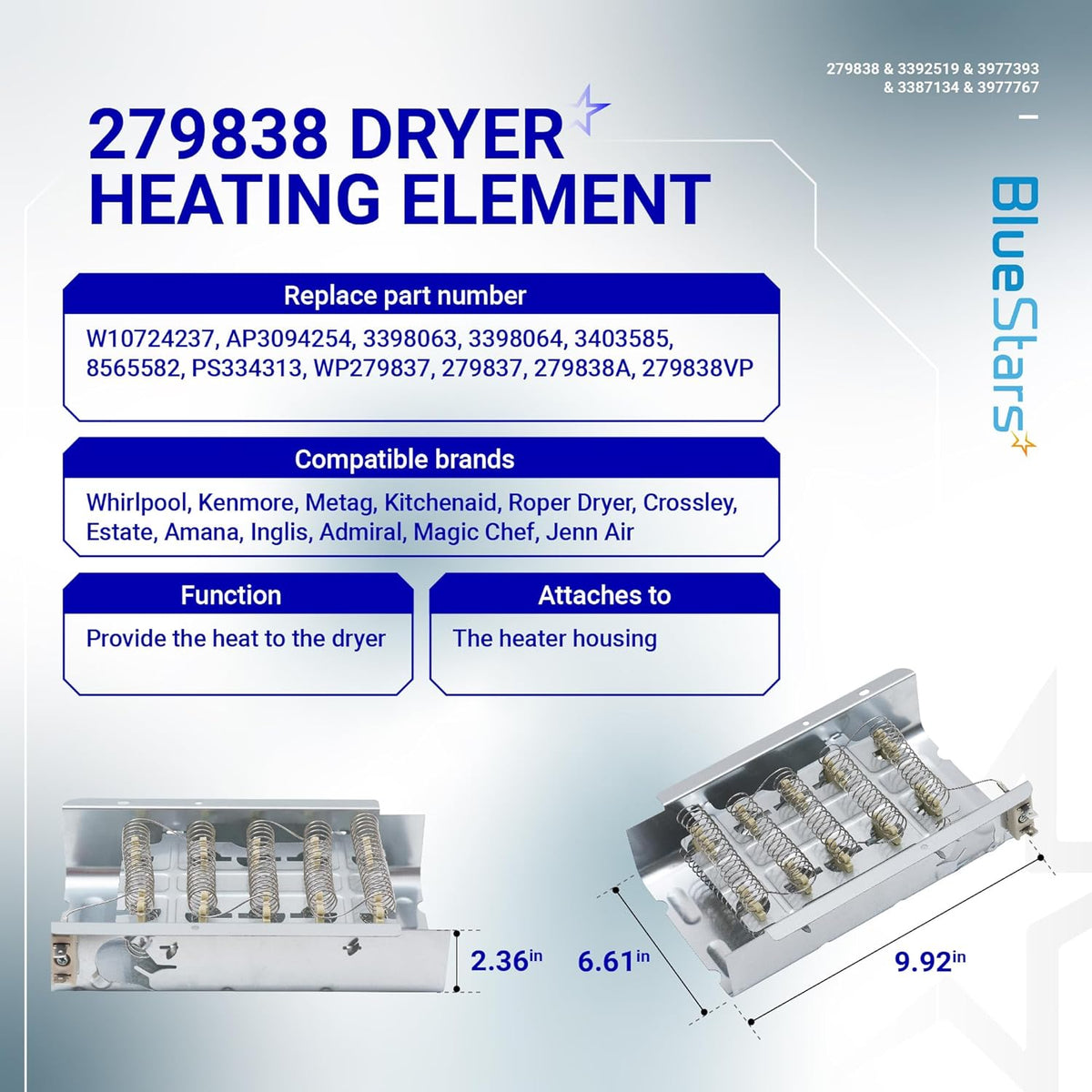279838 Dryer Heating Element Kit For Whirlpool Maytag Amana Roper Admiral Kenmore