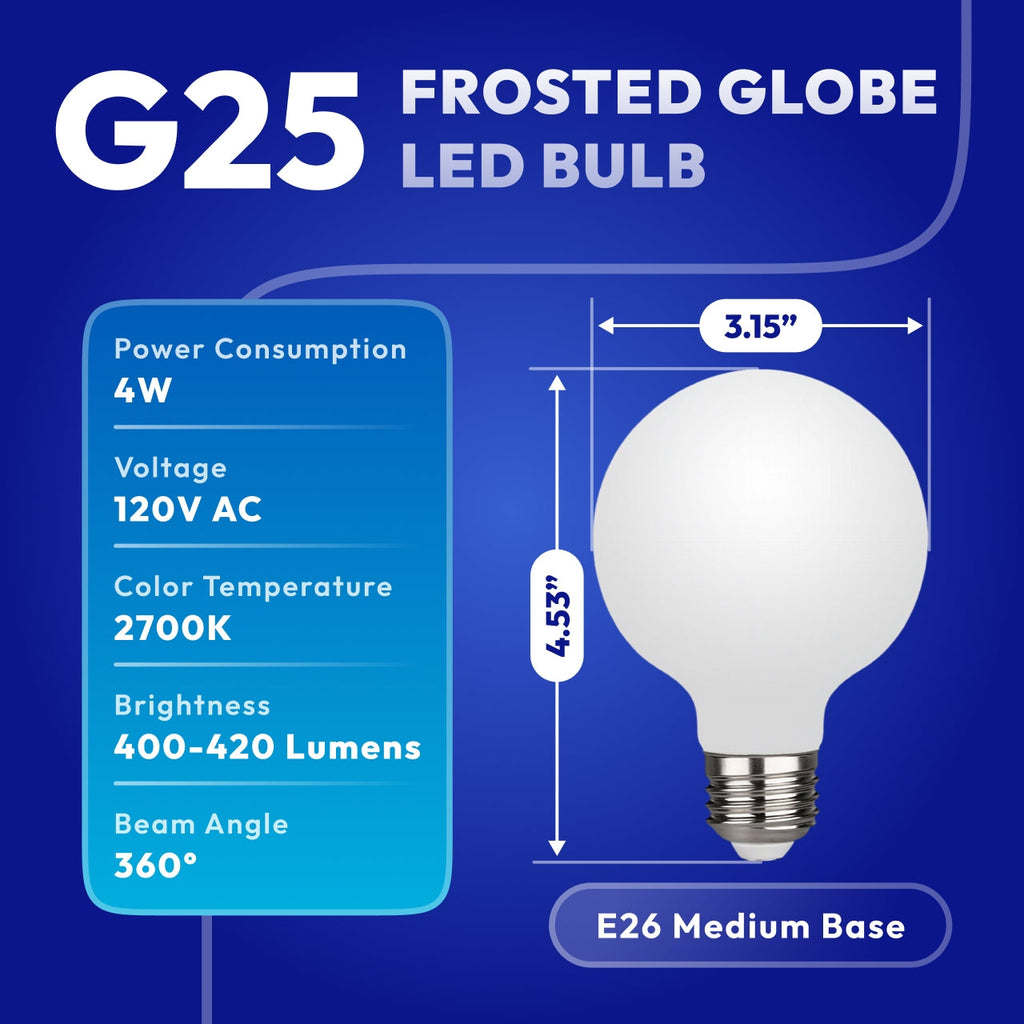 G25 Frosted LED Globe Light Bulbs 6-Pack, 40W Equivalent Dimmable 2700K Soft Warm White, E26 Medium Base Vanity Bulbs for Bathroom Mirror, Makeup & Dressing Table