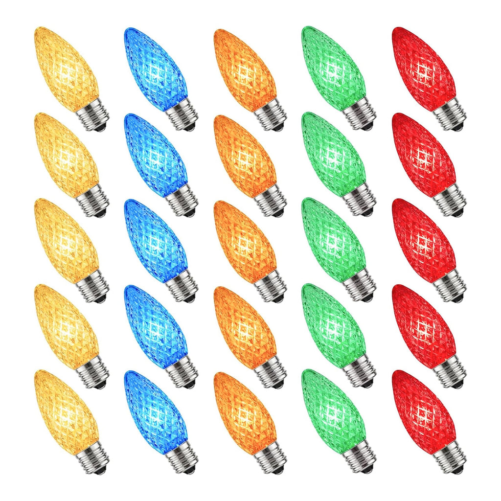 C9 LED Christmas Decor Light Bulb 25-Pack, Multicolor Faceted E17 Shatterproof Bulbs for Holiday Seasonal Decor & Outdoor Roofline