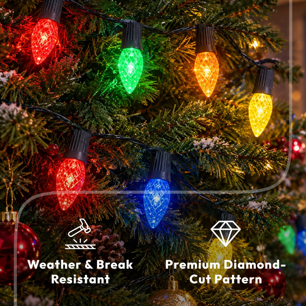 C9 LED Christmas Decor Light Bulb 25-Pack, Multicolor Faceted E17 Shatterproof Bulbs for Holiday Seasonal Decor & Outdoor Roofline