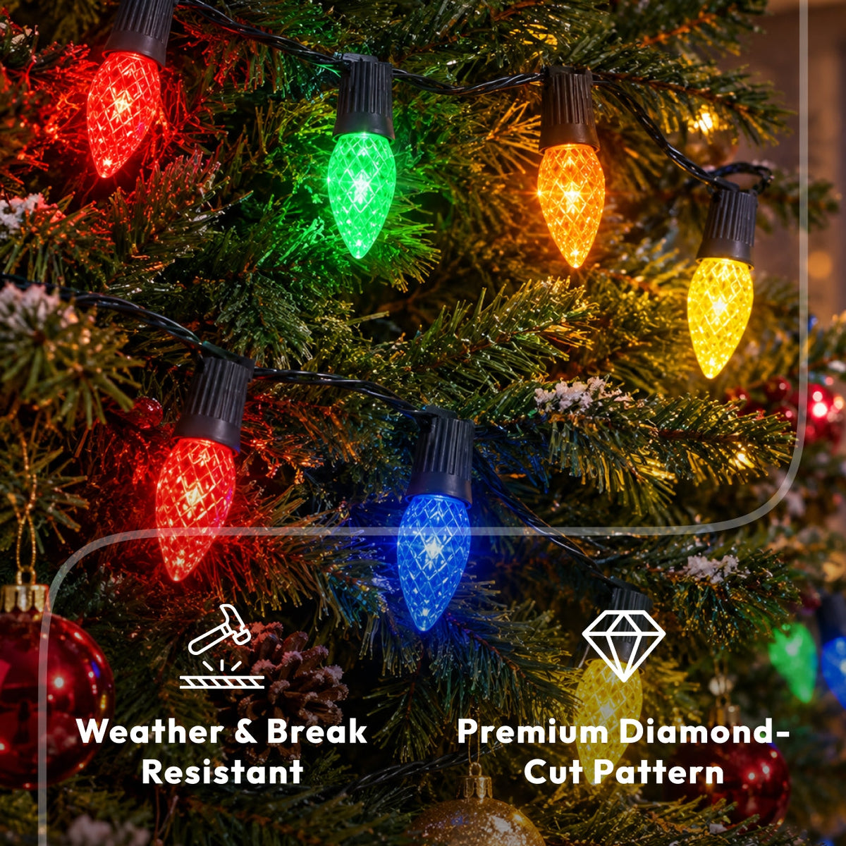 C9 LED Christmas Decor Light Bulb 25-Pack, Multicolor Faceted E17 Shatterproof Bulbs for Holiday Seasonal Decor & Outdoor Roofline