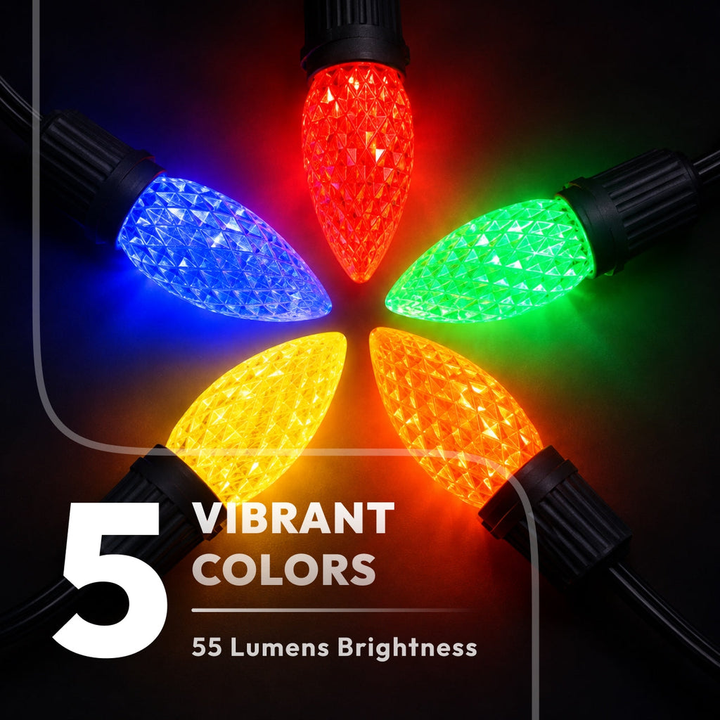 C9 LED Christmas Decor Light Bulb 25-Pack, Multicolor Faceted E17 Shatterproof Bulbs for Holiday Seasonal Decor & Outdoor Roofline